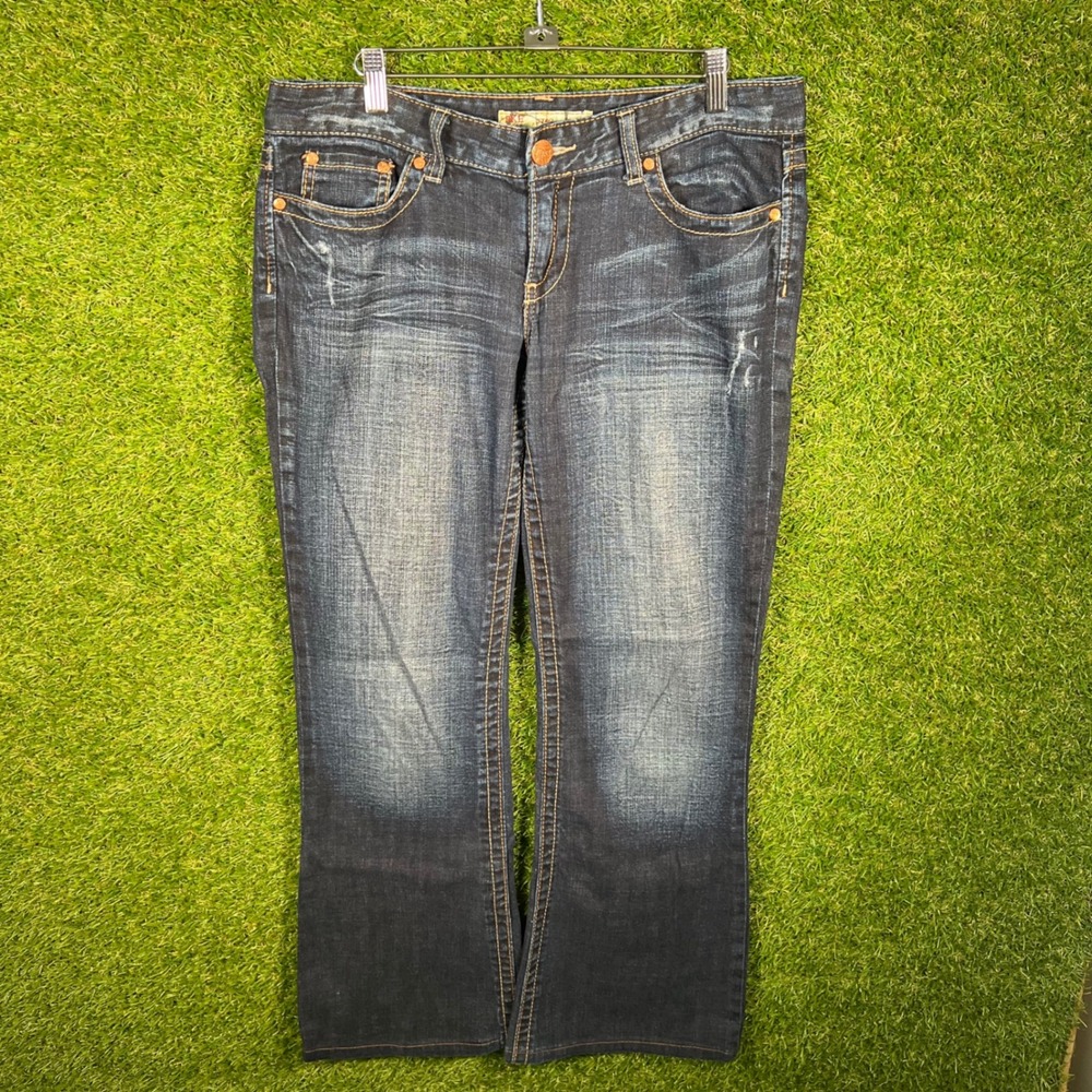 BKE Star Flare Stretch Jeans Dark Wash Distressed Denim Women 30x33.5